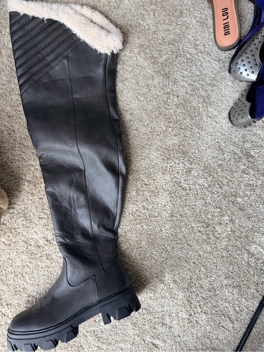 Fashion Nova Black Over-the-Knee Lug Sole Boots with Shearling Cuff